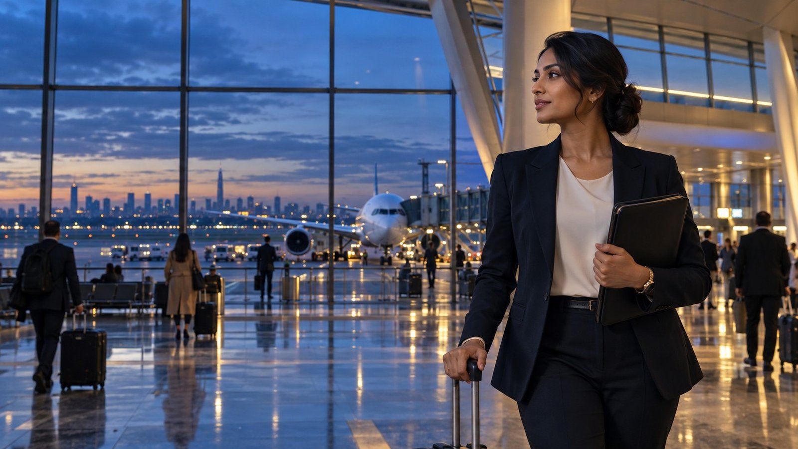 A travel professional overlooking a modern international airport at blue hour