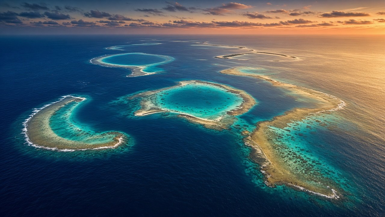 Maldives atolls at sunset