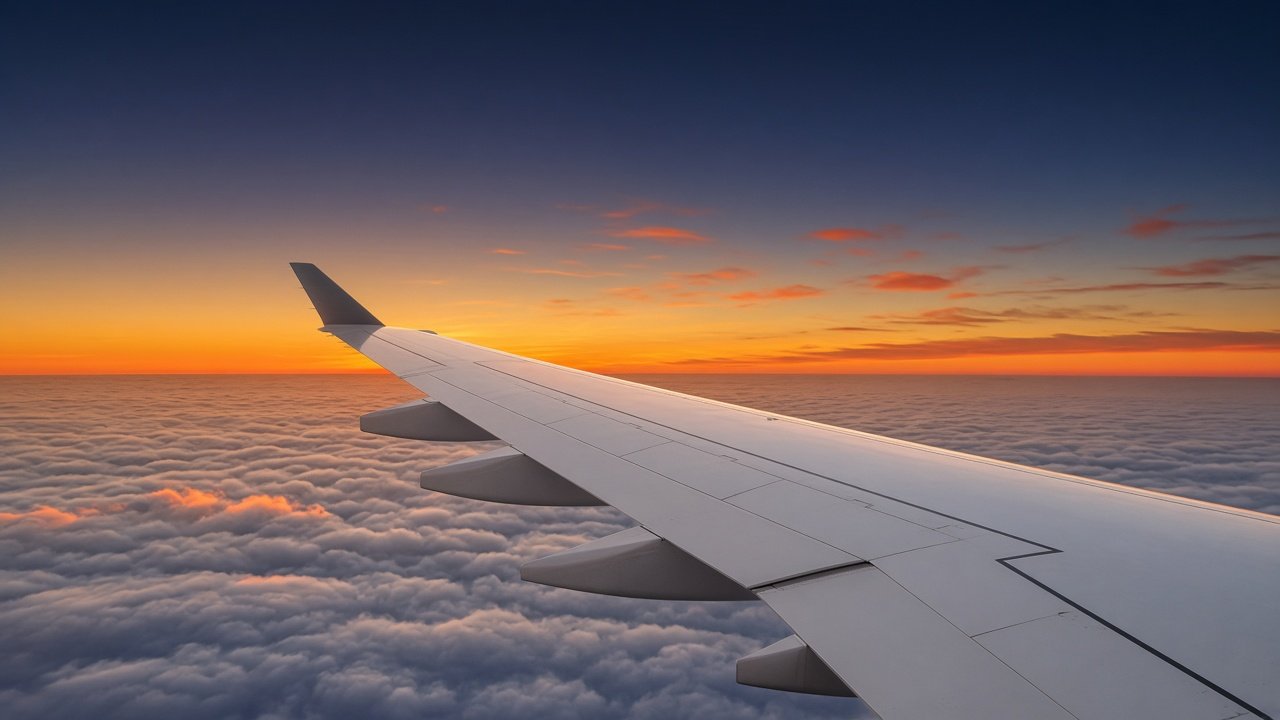 Aircraft wing above the clouds at sunset