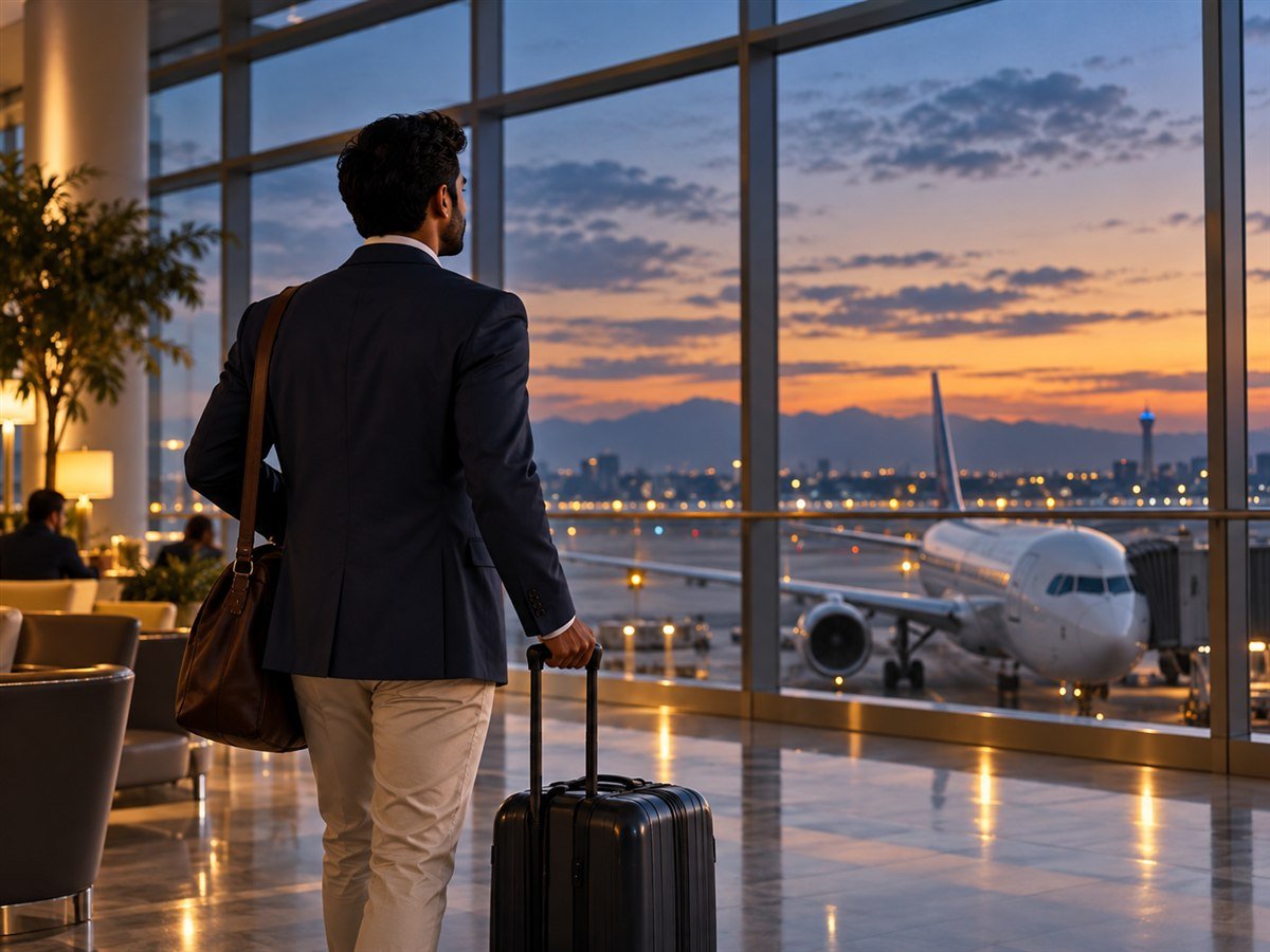 Traveller preparing for an international flight at the airport