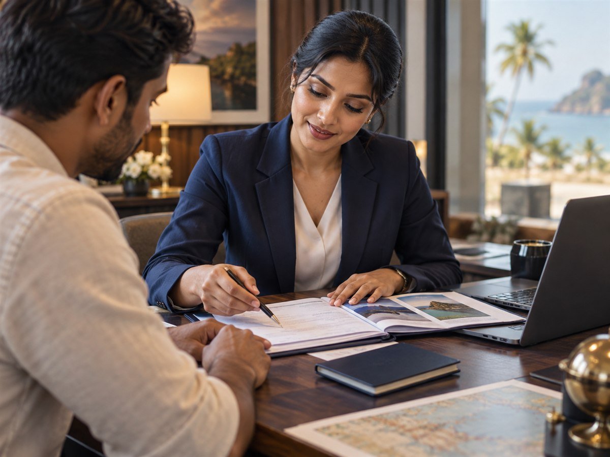 Travel consultant helping a client prepare visa documents